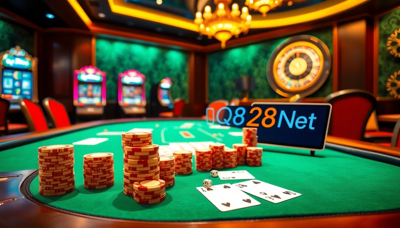 Engage with QQ88z Net at a luxurious poker table with vibrant casino elements.