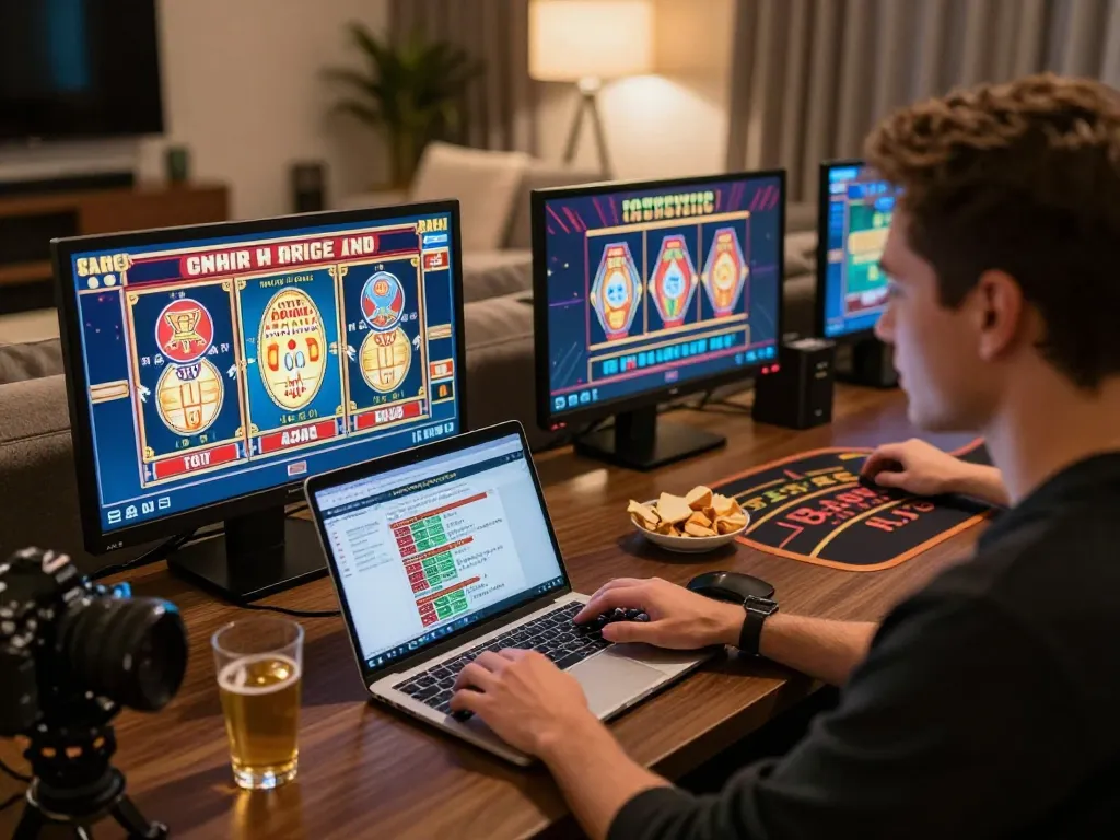 Engaging in online gambling with Rik vip on multiple screens while enjoying a cozy home atmosphere.
