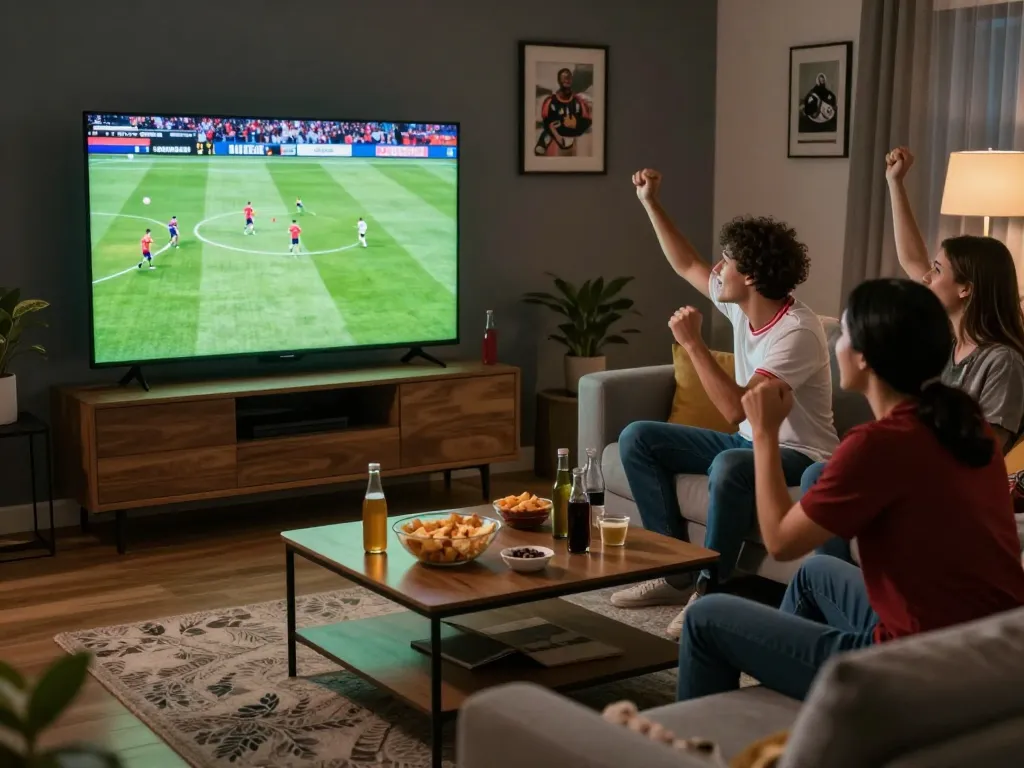 Watch friends enjoying footbal stream Cakhiatv during an exciting live match with snacks and drinks.