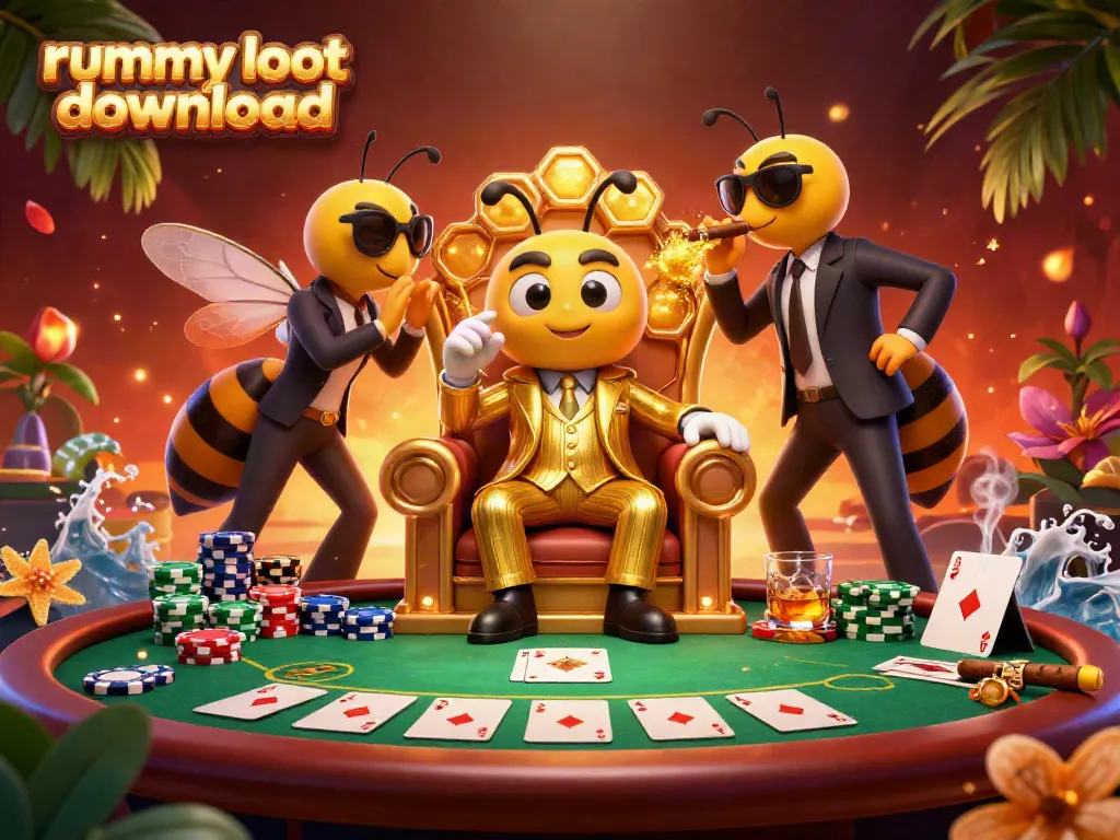Experience the excitement of rummy loot download with a vibrant 3D scene featuring a bumblebee mob boss and gaming elements.