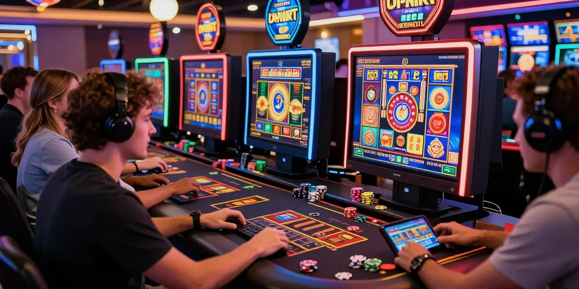 Players enjoying new online casino sites with vibrant slot games and engaging interfaces in a lively casino atmosphere.