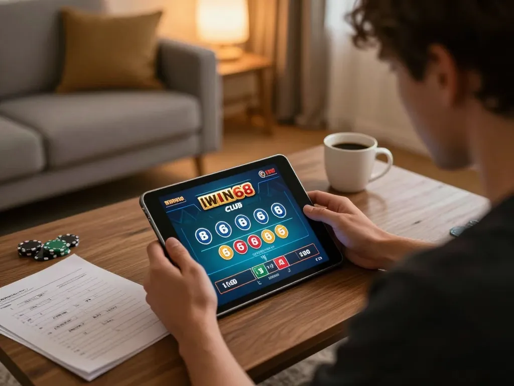 IWIN68 CLUB poker session on a tablet in a cozy living room with strategic notes.
