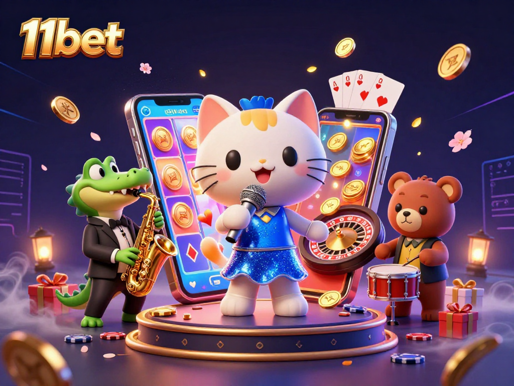 Engage with 11bet's vibrant casino life featuring a jazzy cat, saxophone croc, and drum-playing bear.
