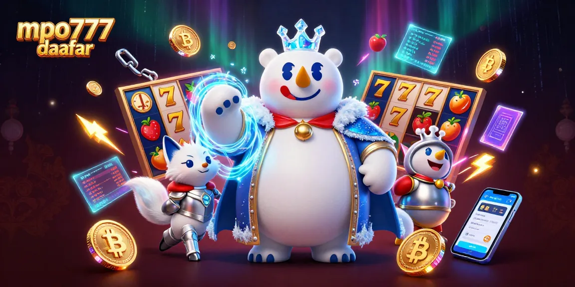 Engage in exciting gameplay with mpo777 daftar at a vibrant online casino scene filled with slot reels and cryptocurrency elements.