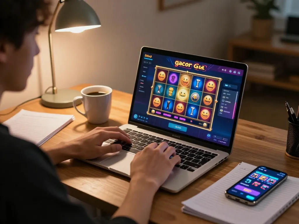 Engaging in slot gacor gameplay at home with a laptop and notes, showcasing excitement and strategy.