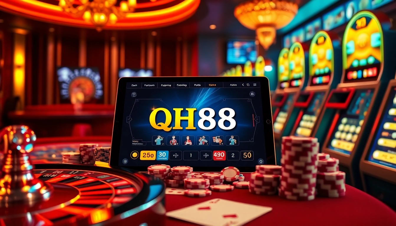 Players engaging with QH88 online gaming on a digital tablet surrounded by casino elements.