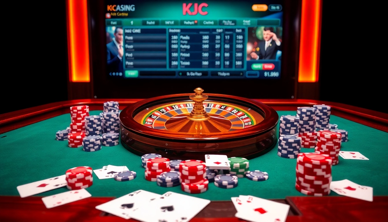 The excitement of KJC's online casino gaming experience highlighted through vibrant poker chips and a roulette wheel.
