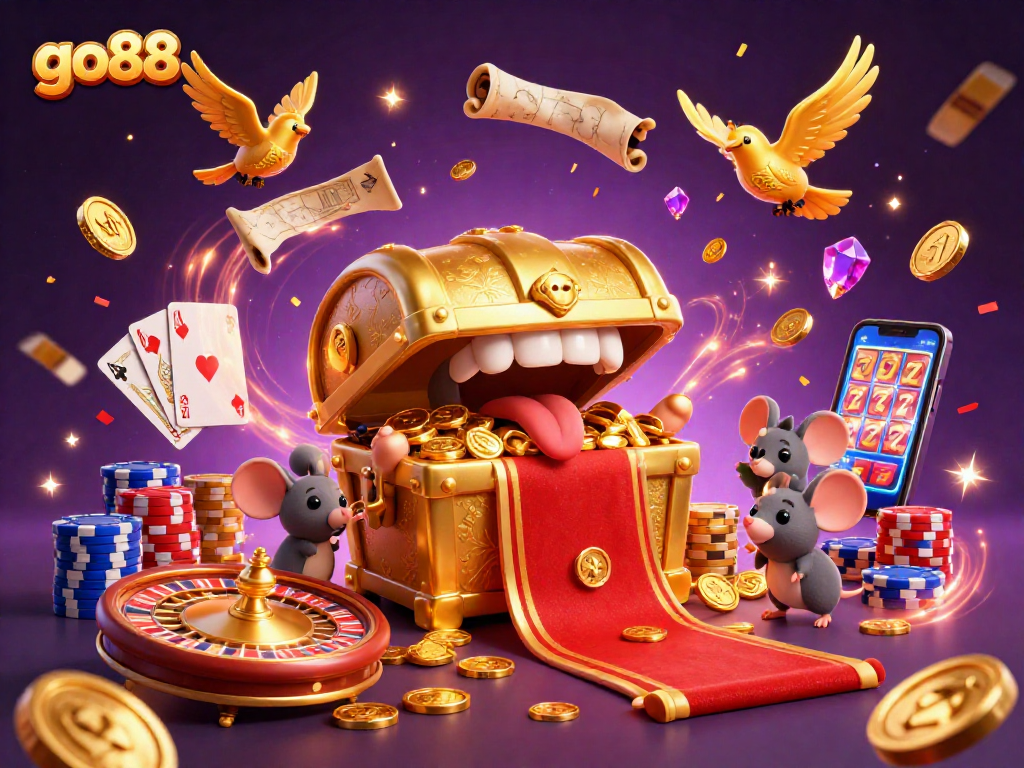 Win big with go88 at a vibrant casino featuring golden treasures and animated game elements.