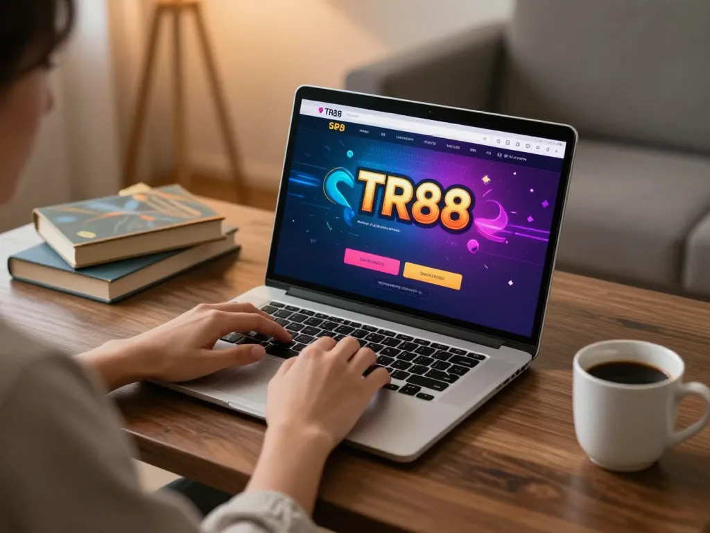 Person initiating tr88 đăng nhập on laptop in a cozy home setup, embodying modern online gambling.
