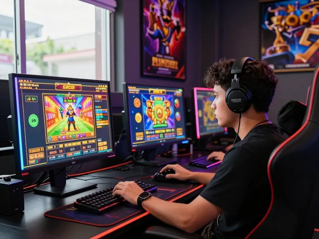 Pemain yang fokus pada permainan link gacor dalam pengaturan permainan online yang semarak, menampilkan beberapa layar dan aksesori yang imersif.
