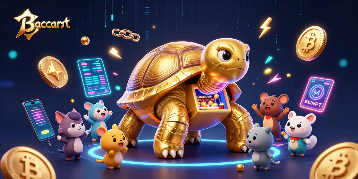 Baccarat scene featuring a golden tortoise pinball machine surrounded by vibrant cryptocurrency elements.
