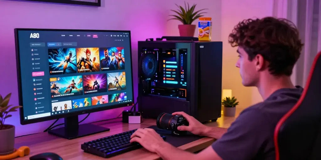 Engaged user exploring A80 online gaming platform with modern setup