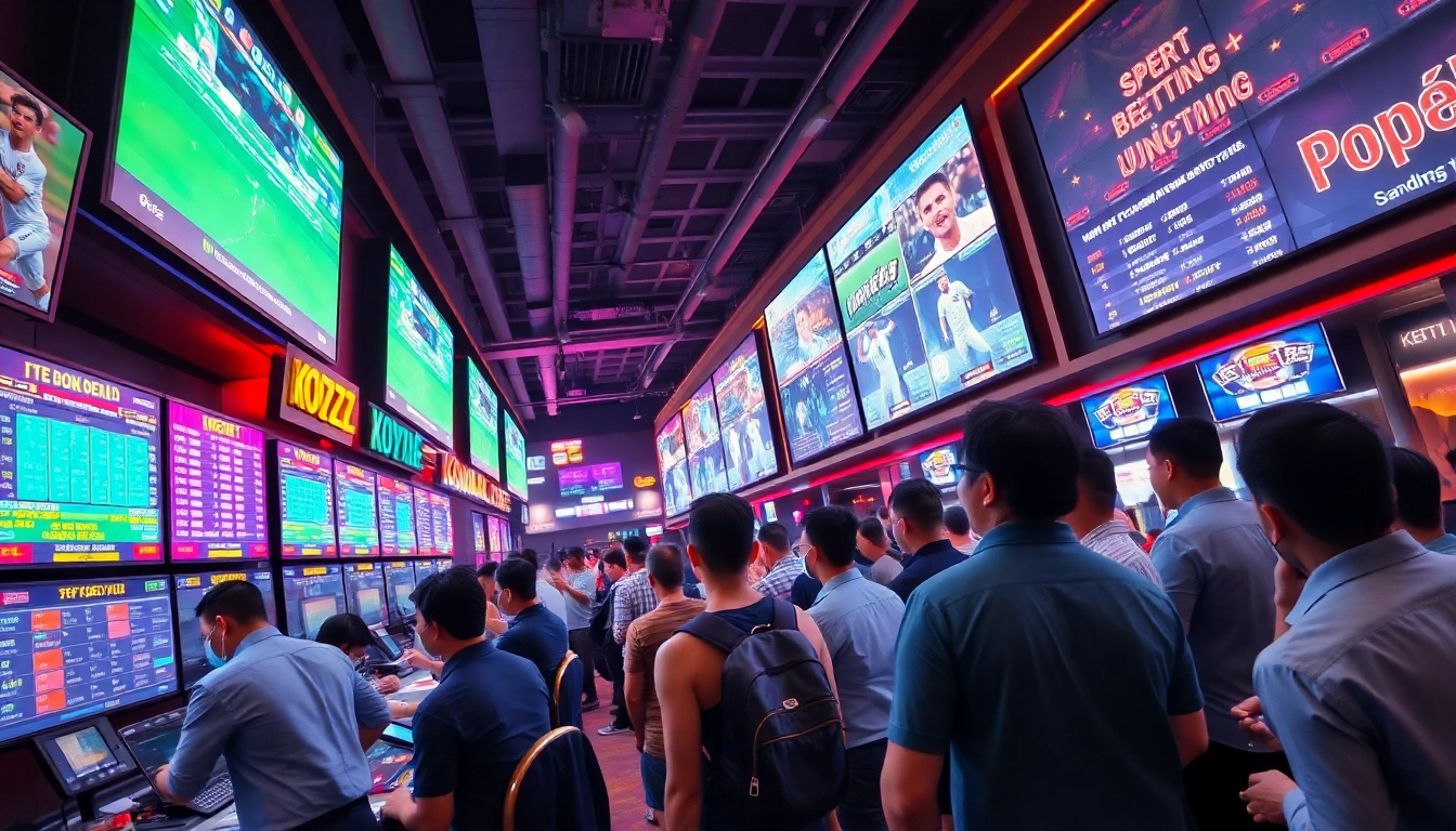 Engaged bettors enjoying sports betting Malaysia in a lively casino atmosphere.