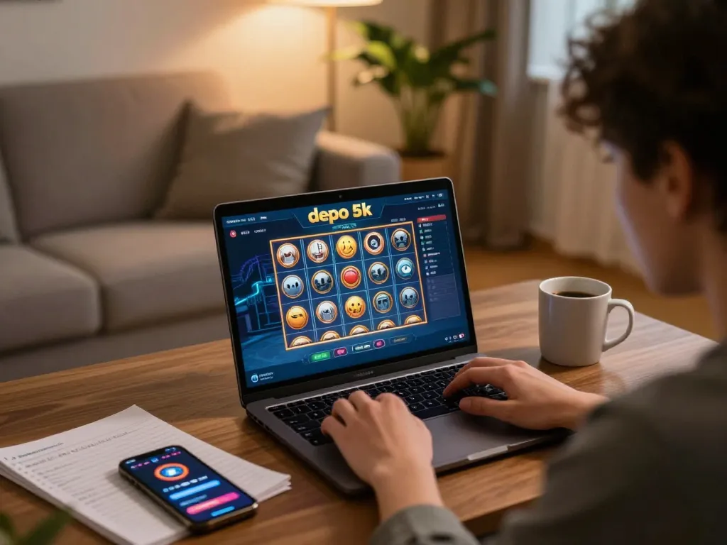 Person playing slot depo 5k online game at home with cozy setup and betting notes.