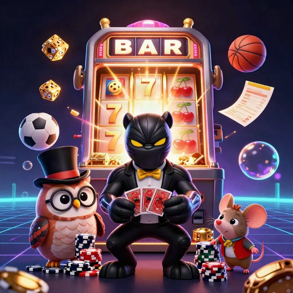 Panther, owl, and mouse amid casino bursts, with flying balls and gold light.