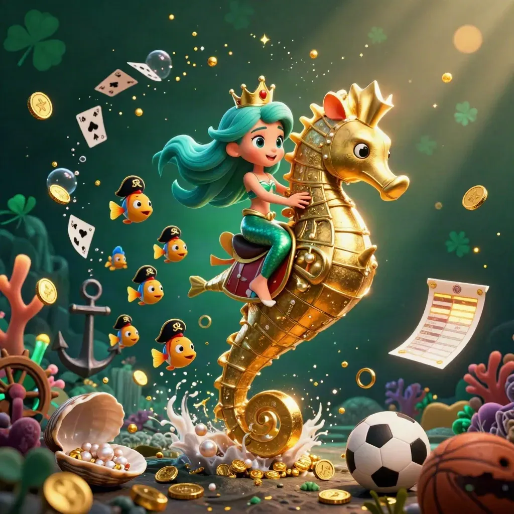 Mermaid princess on armored seahorse amid cards, coins, fish, balls and casino treasure glow.