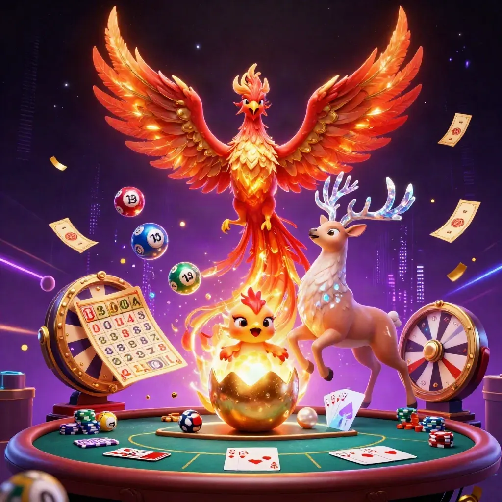 Phoenix, baby phoenix, and crystal stag explode with casino treasures in neon luxury.
