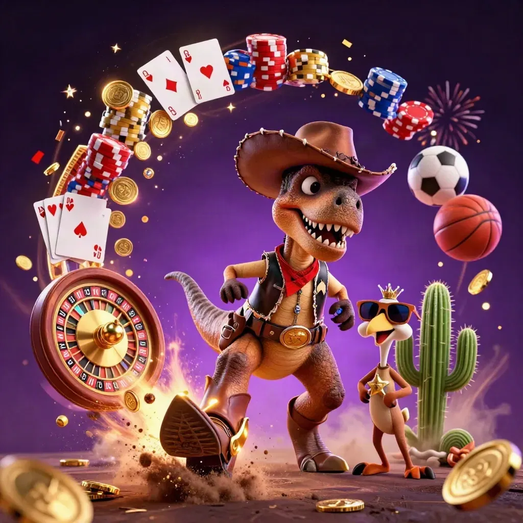 Ground-level cowboy T-Rex trio amid flying chips, coins, roulette wheel and casino lights