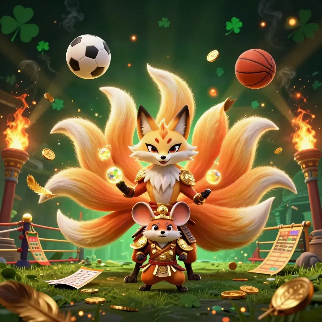 Neon fox spirit and samurai mouse amid flying balls, coins, flames, and temple-gate glow.