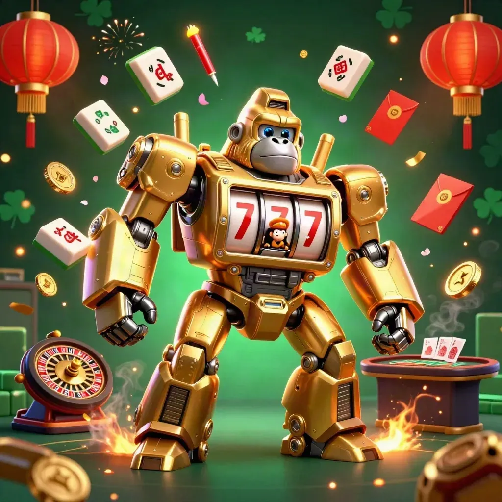 Golden gorilla mech with monkey pilot amid lanterns, jade coins, fireworks, and casino lights