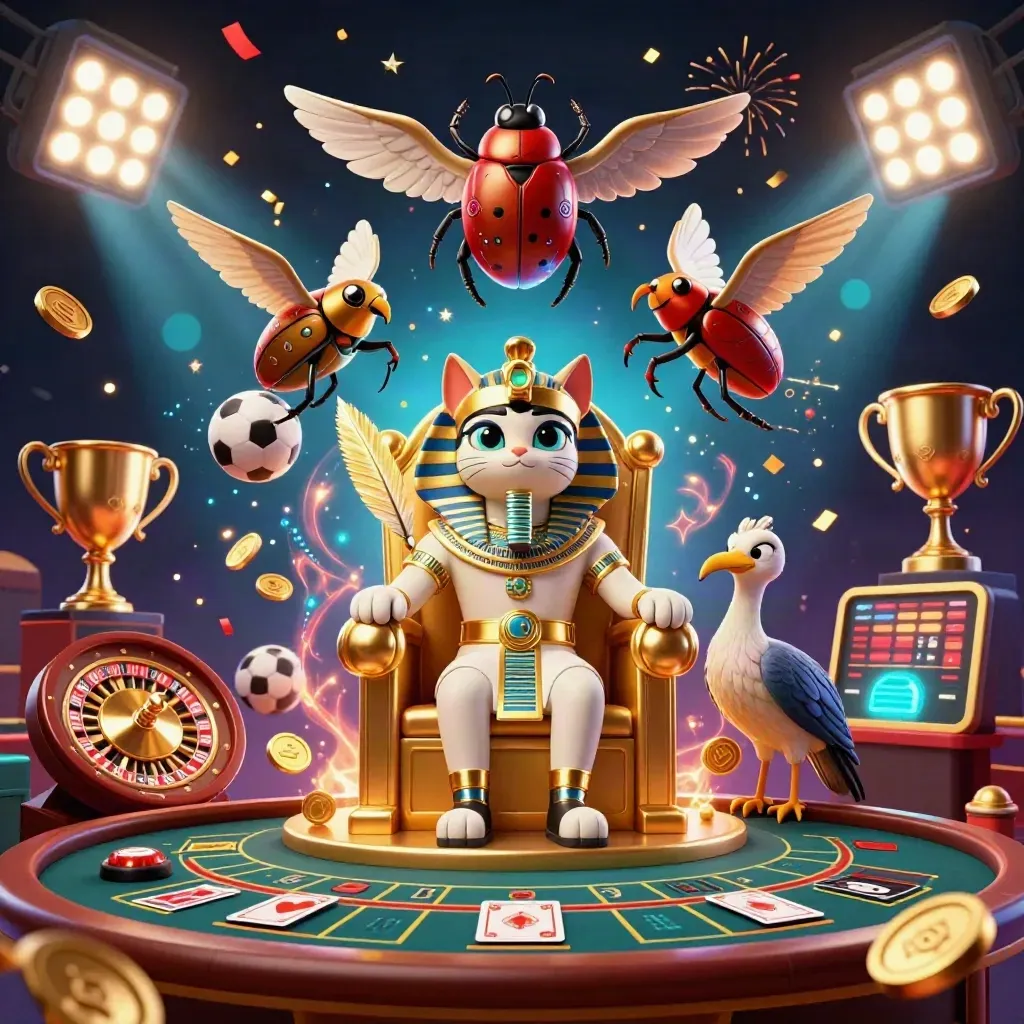 Pharaoh cat on a golden throne with ibis scribe, scarabs, casino effects, sports balls, and glowing lights