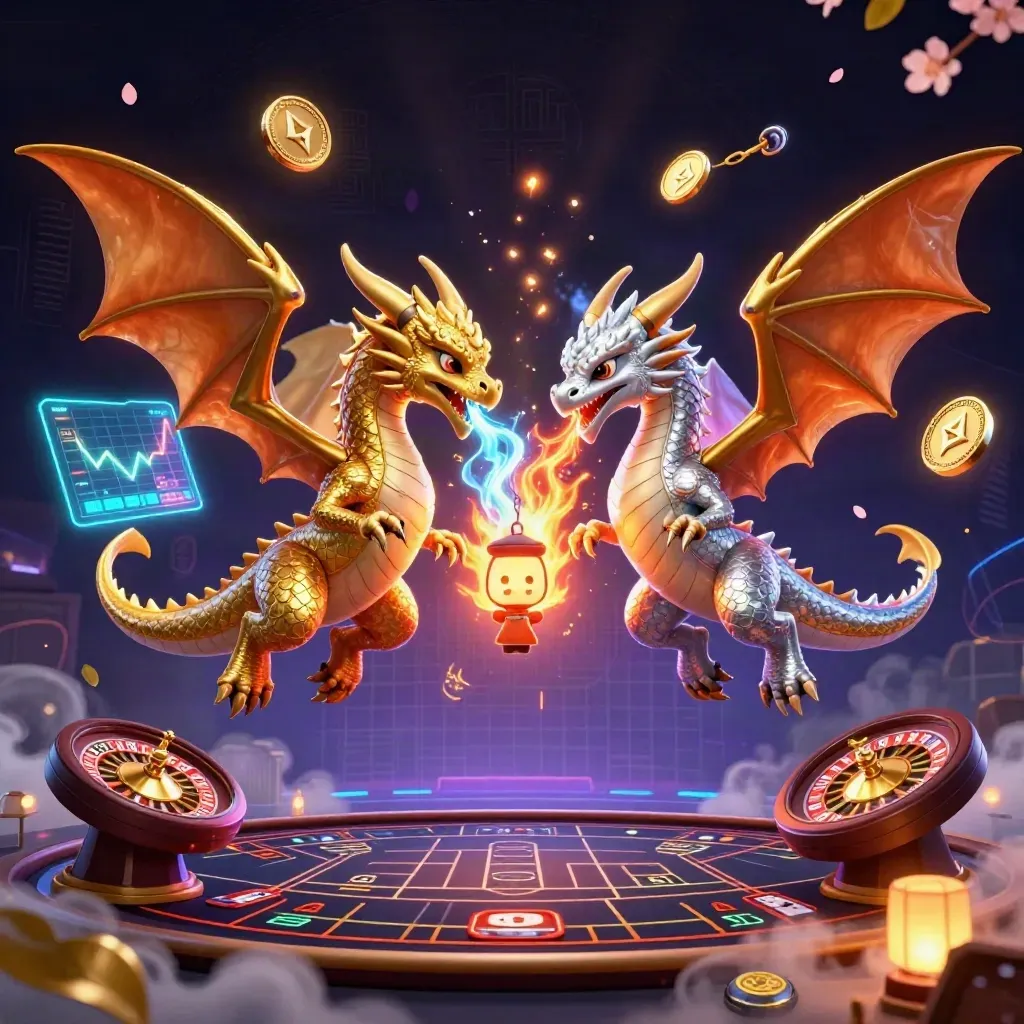 Twin gold and silver dragons over casino tech glow, petals, coins, roulette, and a lantern spirit.
