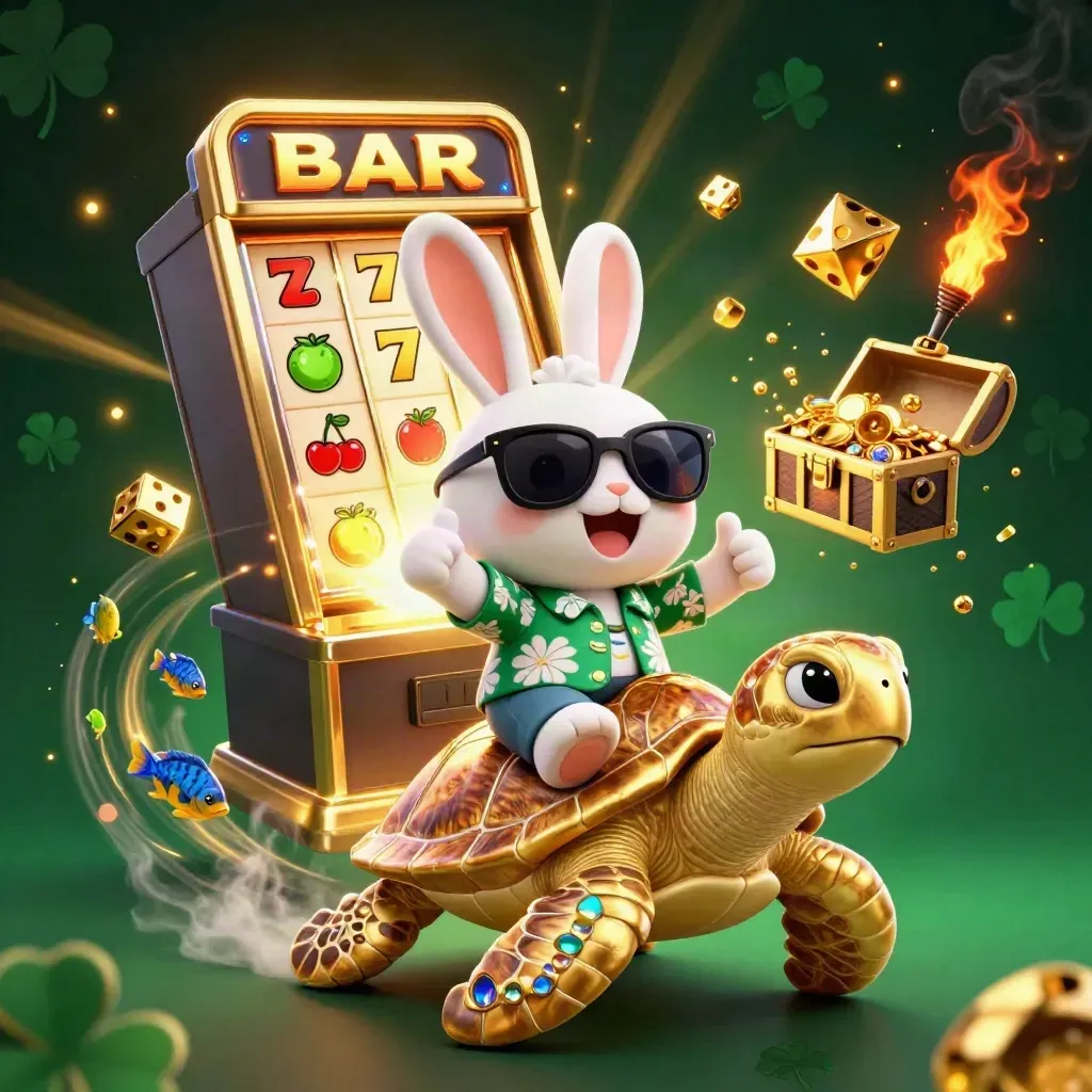 Lucky rabbit rides a golden turtle amid slot bursts, dice, treasure and tropical fish in casino glow.