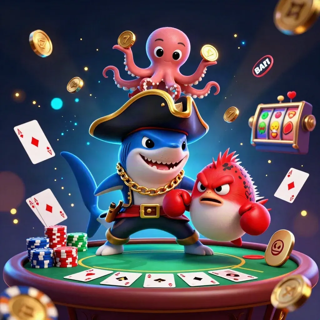 Pirate shark, boxing pufferfish, and coin-juggling octopus amid glowing cards and casino chips