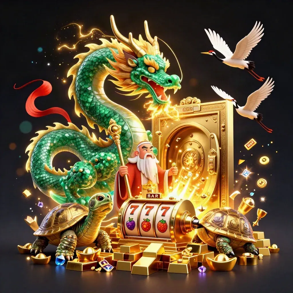 Emerald dragon, turtle sage and cranes burst gold treasure from a vault in a dark casino glow.