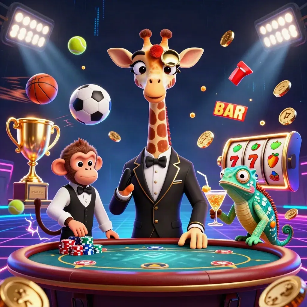 Giraffe, monkey, and chameleon in a neon casino action scene with coins, balls, trophies, and glowing effects