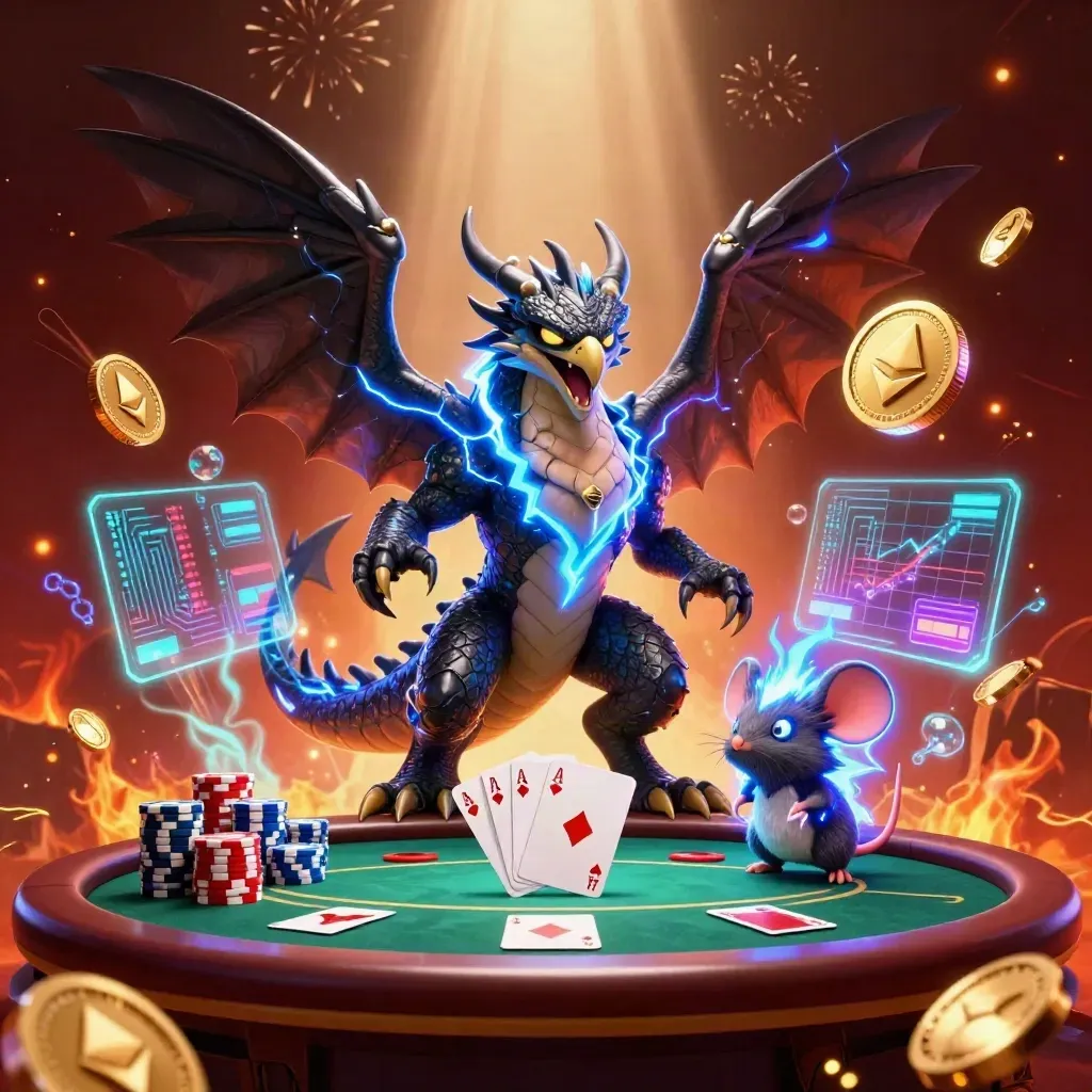 Thunder dragon, hawk and mouse amid poker chips, coins, and casino lights in a fiery luxury burst.