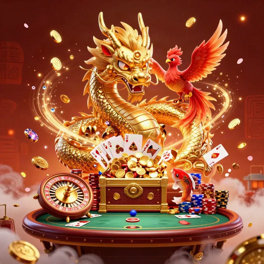 Golden dragon, phoenix, koi, coins, chips, roulette wheel, and poker cards in a fiery casino burst.