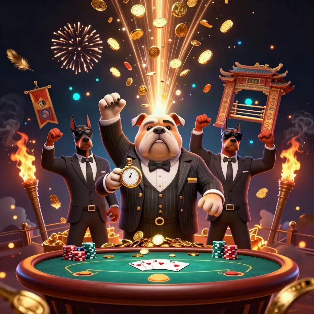 Mob-boss bulldog with two Dobermans amid poker chips, coins, temple gate and fireworks.