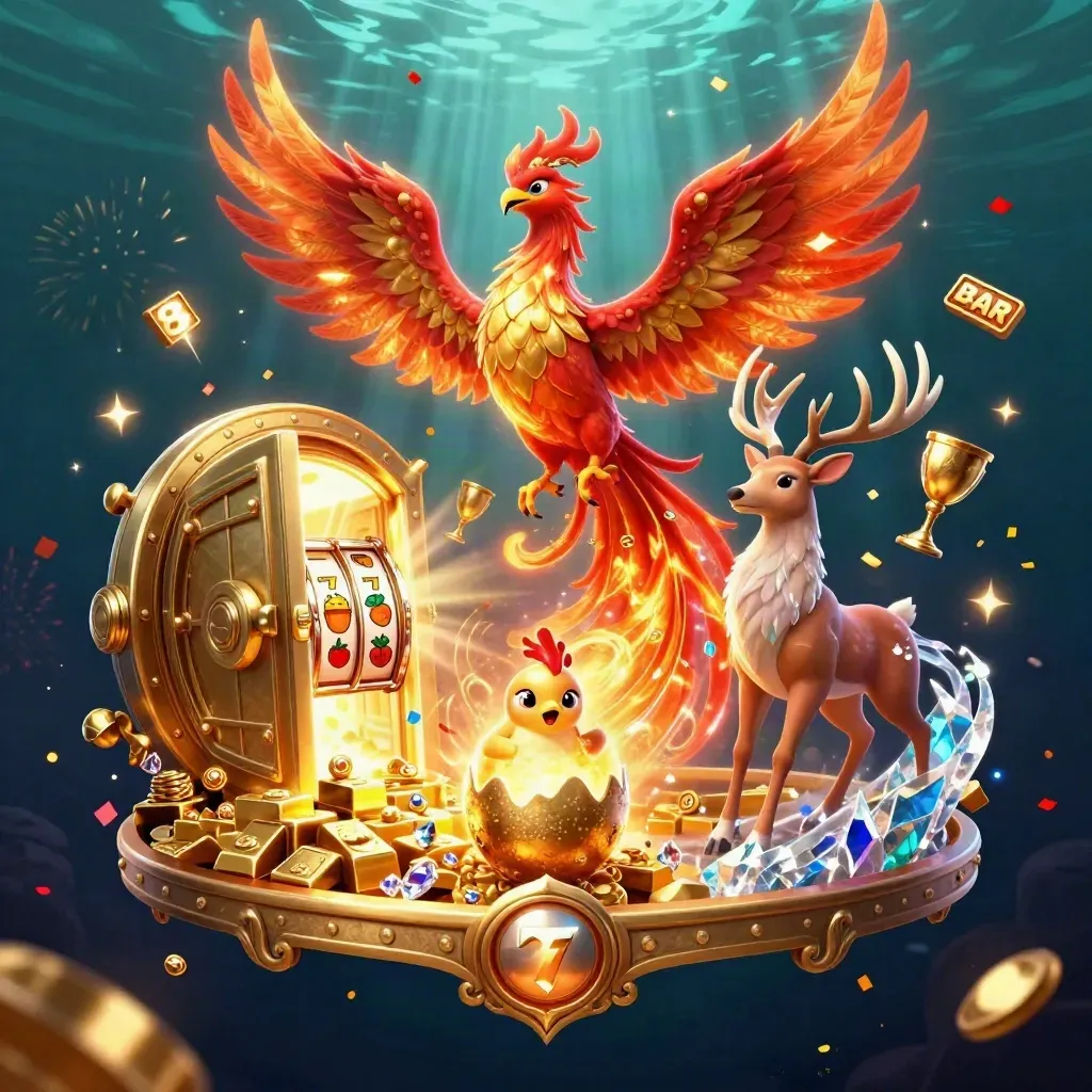 Phoenix, hatchling, and crystal stag amid gold vault loot in a dark teal casino fantasy glow