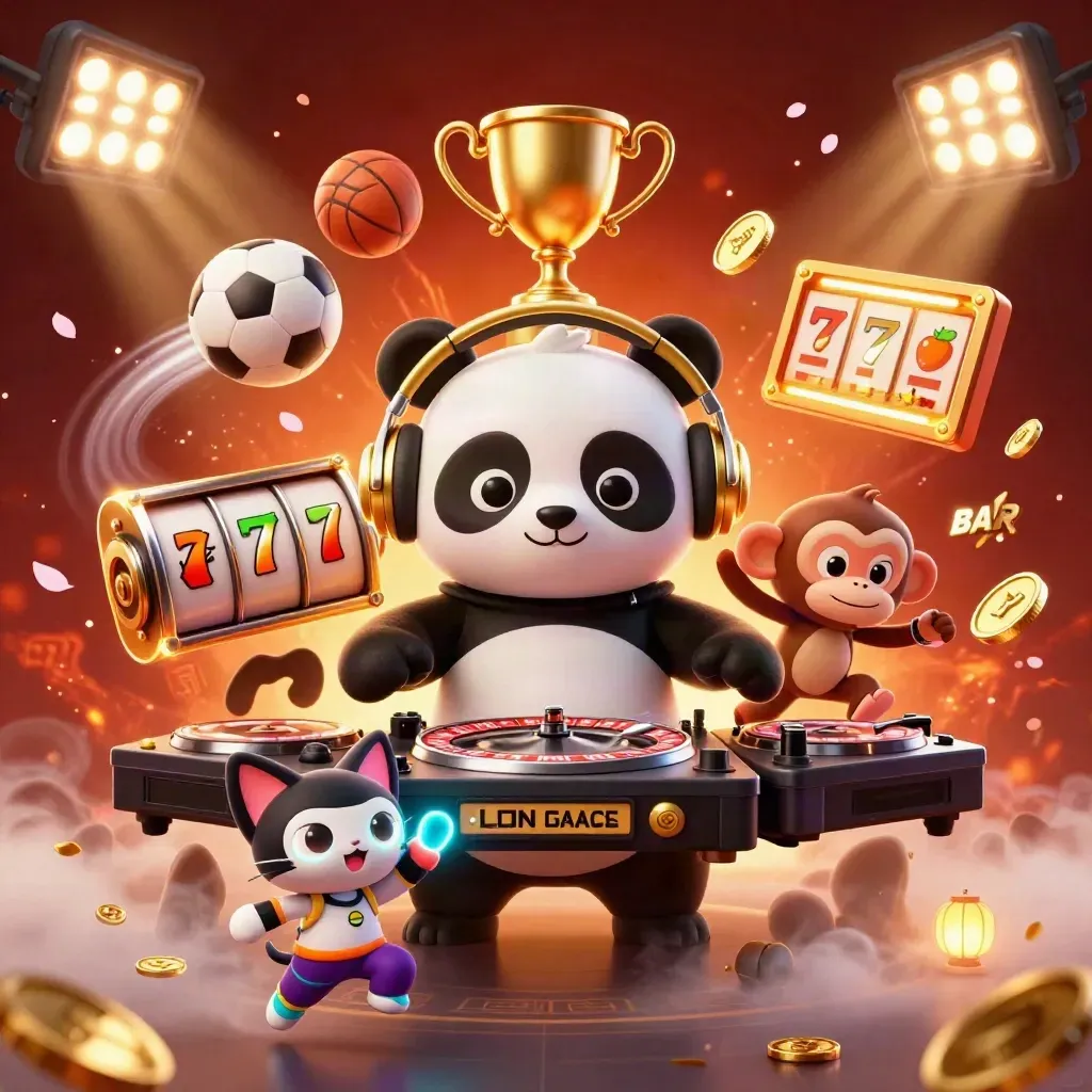 DJ panda, breakdancing monkey, and glow-stick kitten in a gold casino rave with flying game icons.