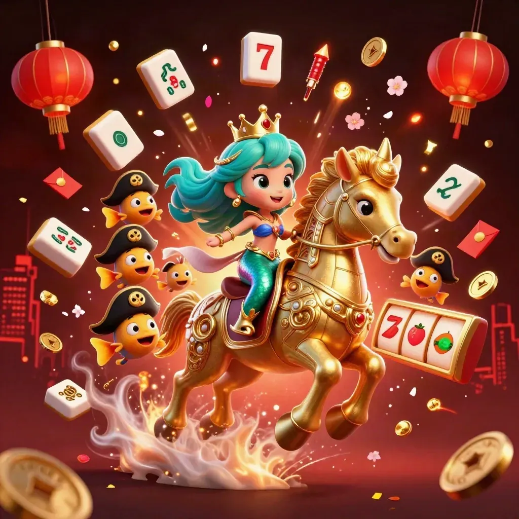 Mermaid princess rides a golden seahorse amid pirate fish, lanterns, coins, and casino reels.