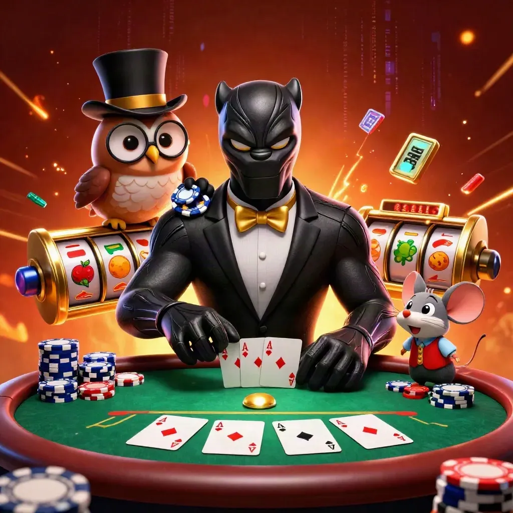 Black panther, owl, and mouse with poker chips and cards in a crimson casino splash scene.
