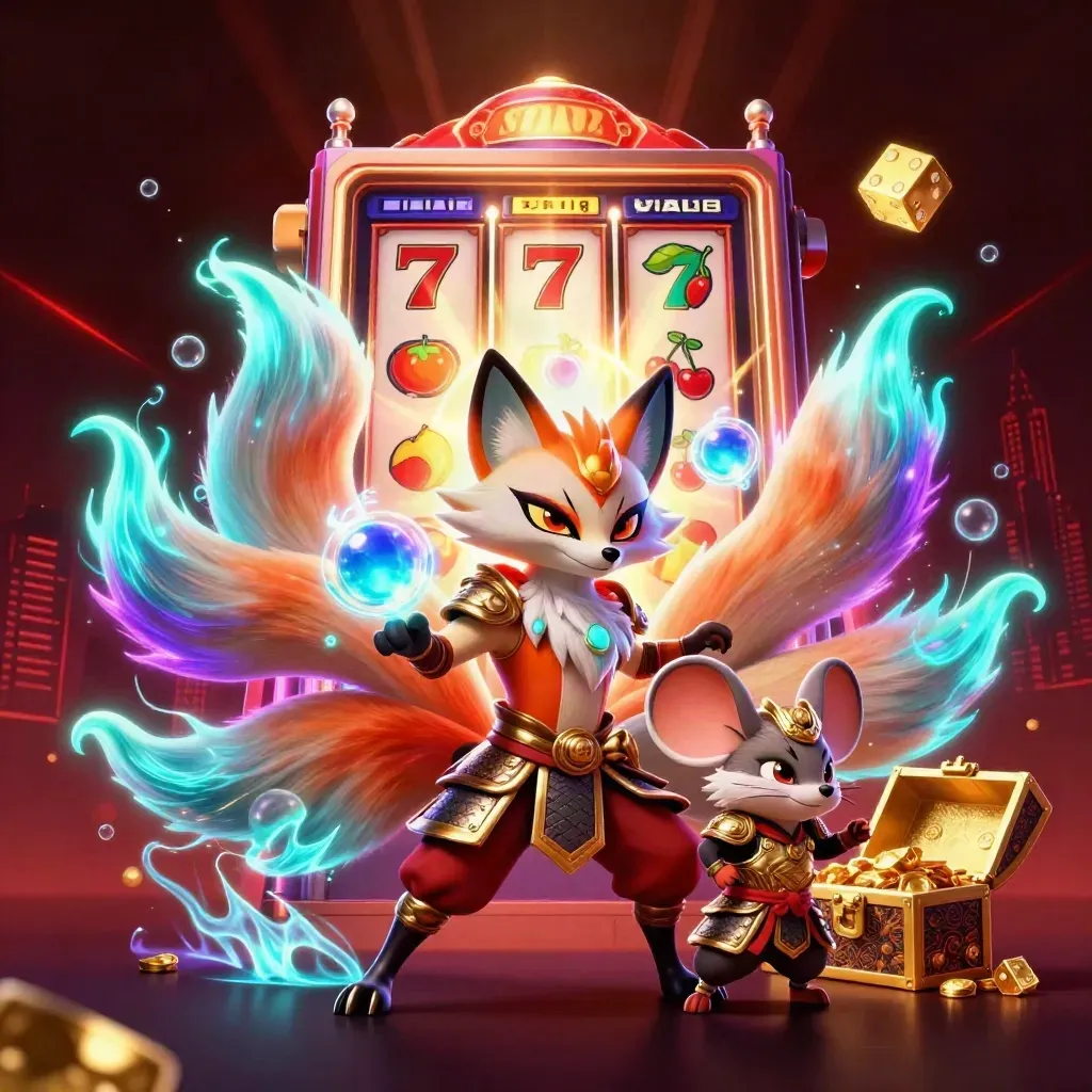 Nine-tailed fox spirit and armored mouse amid slot machine jackpot burst