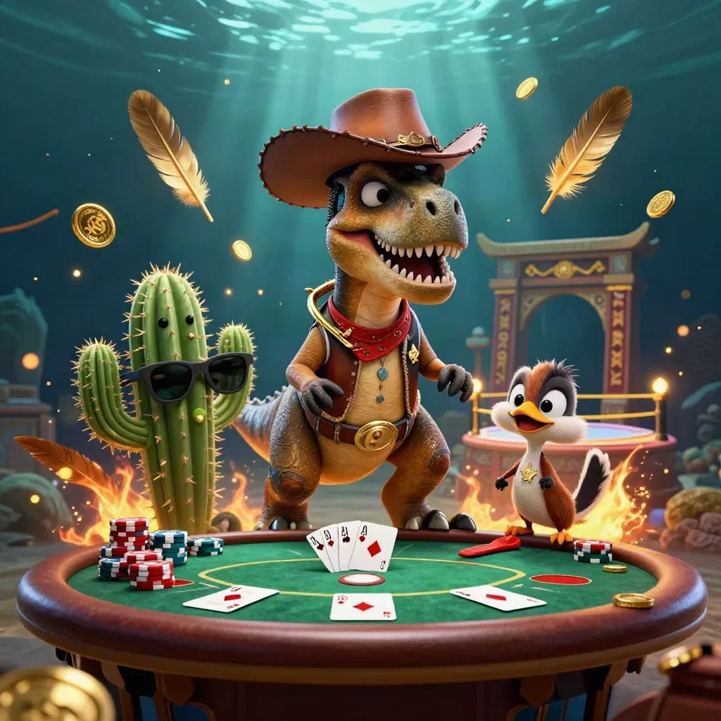 Cowboy T-Rex poker scene with cactus sidekick, roadrunner, gold chips, and royal flush glow