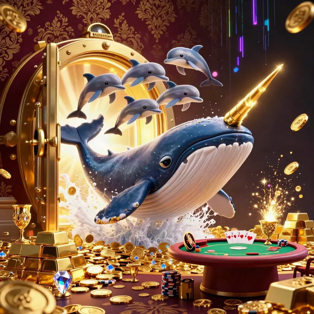 Whale, narwhal, and dolphins burst through coins around a glowing vault and poker chips.