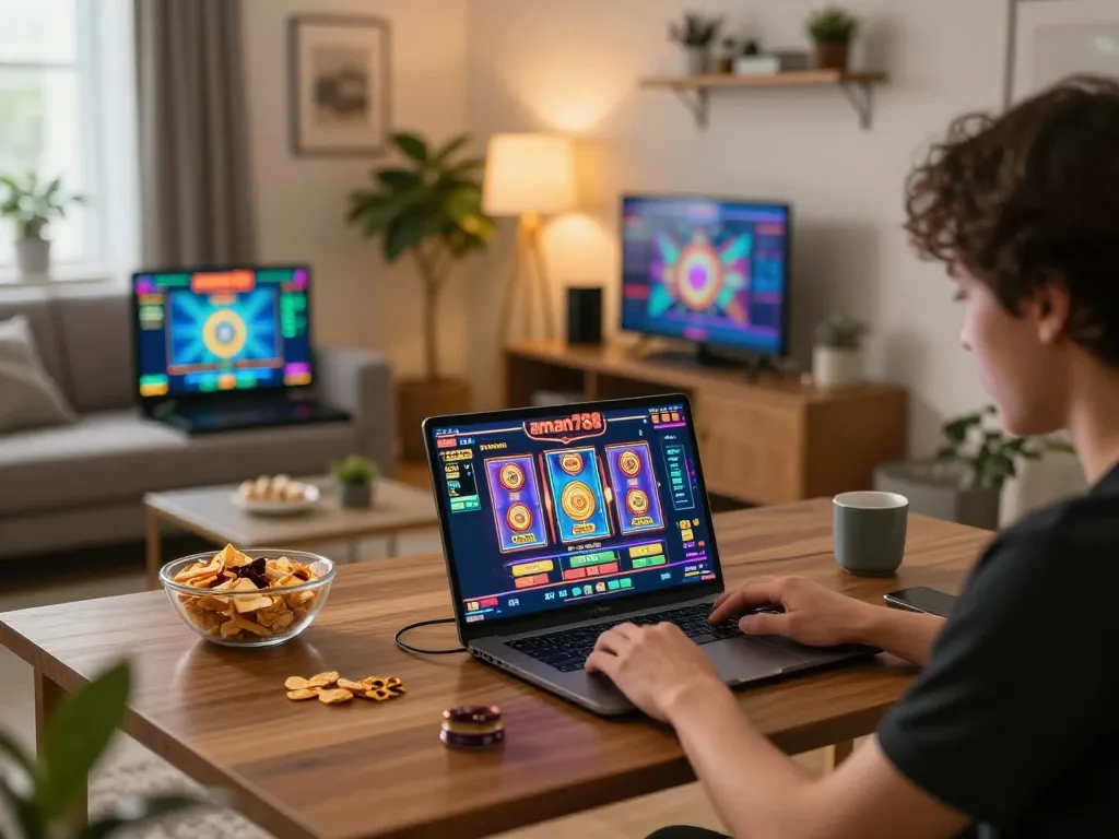 Engaging in aman788 slot gacor gameplay from home, demonstrating a focus on strategy and responsible betting.