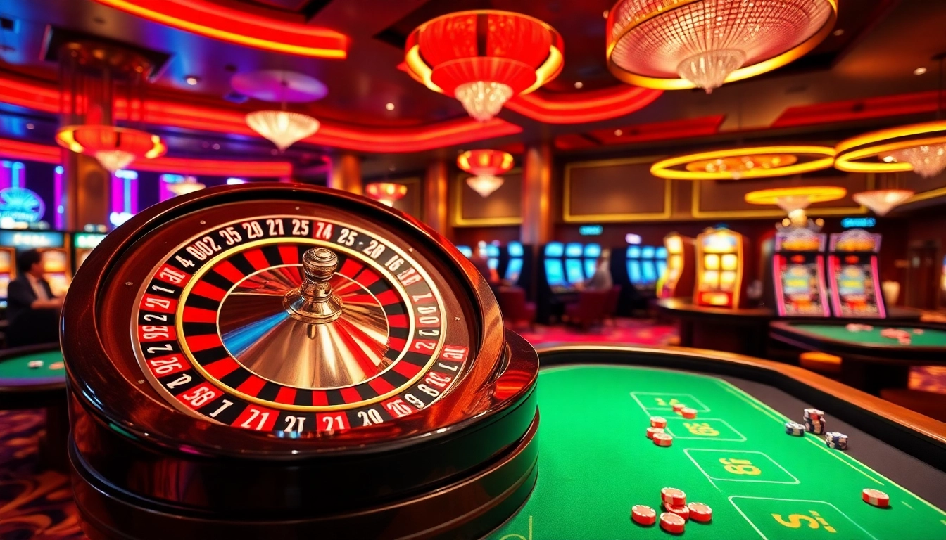 Exciting gaming action at iwin clup casino with roulette, poker chips, and slot machines.