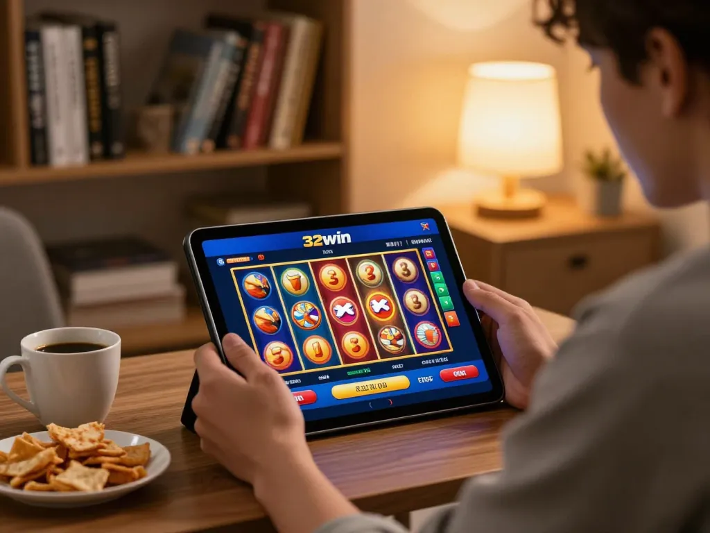 Player engaging with the 32win online casino app, showcasing vibrant slots for thrilling home gaming.
