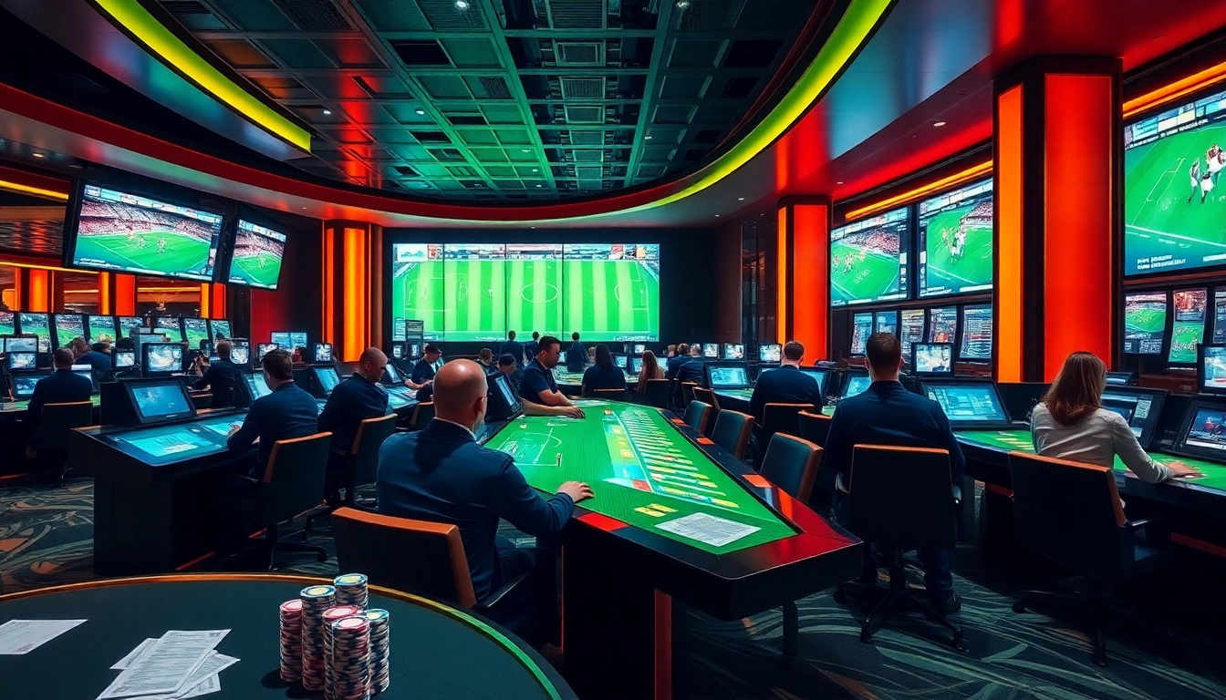 Engaged bettors exploring how to แทงบอลยังไง at a vibrant sportsbook with live matches.