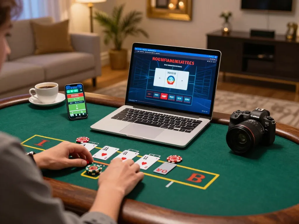 Engaging in a live dealer blackjack game on mb66, showcasing an upscale online gaming setup with laptop and smartphone.