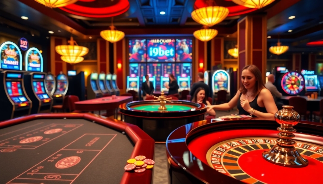 Experience i9bet action at a vibrant casino featuring gaming tables and slot machines.