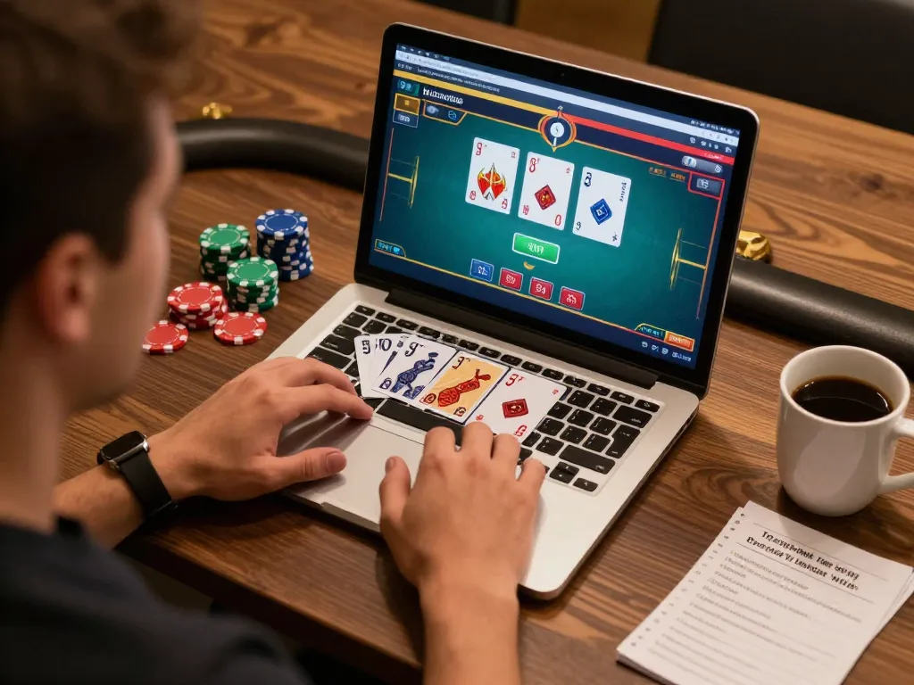 Engaging poker gameplay on dacsandatphanrang com laptop, showcasing strategic betting in a cozy environment.