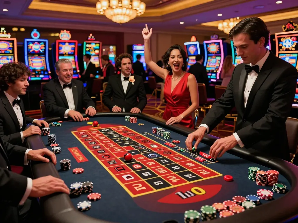 Players engaging at a roulette table in a bustling NET88 casino environment, highlighting strategic betting moments.