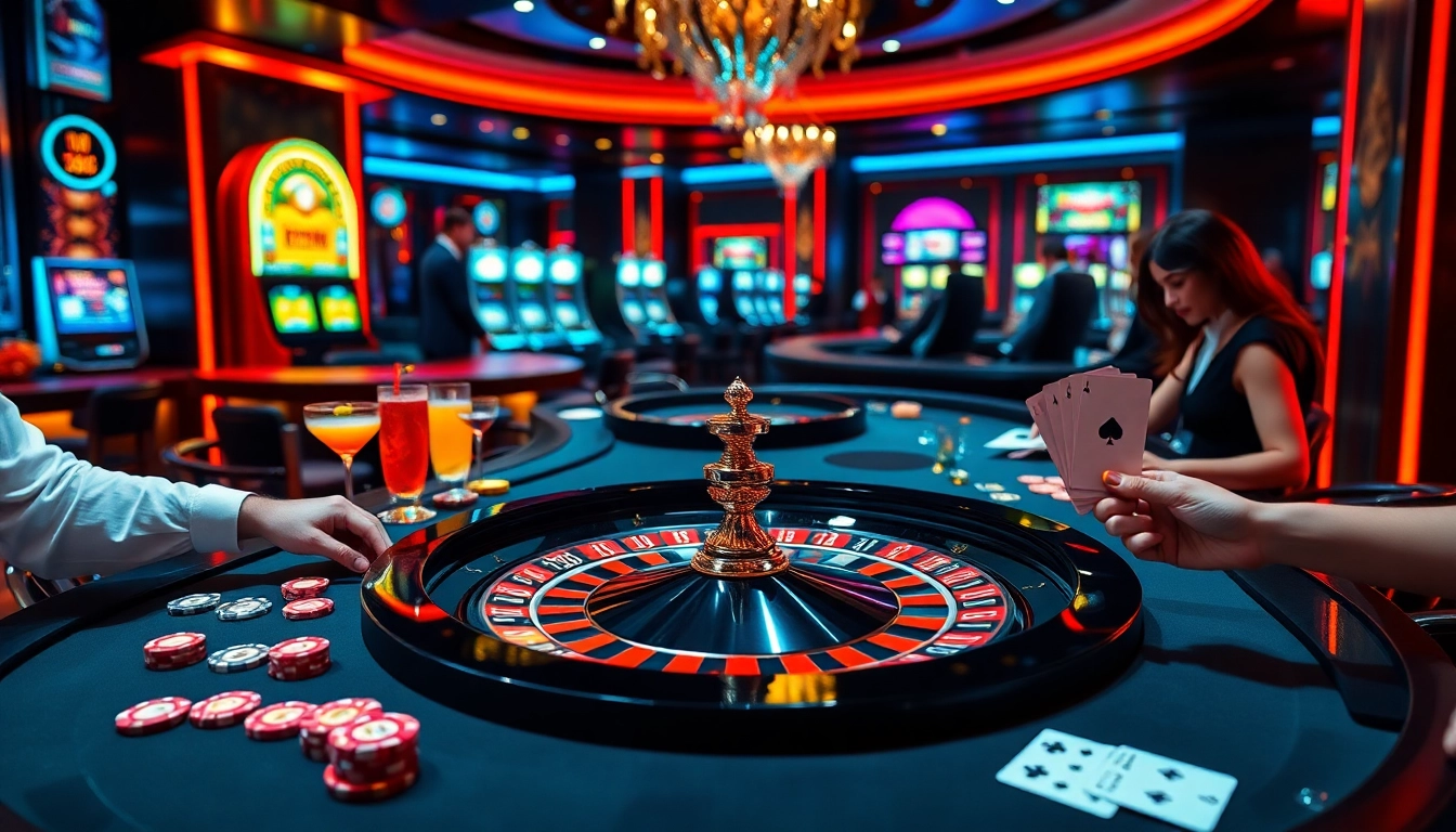 Exciting casino scene showcasing players at a roulette table, featuring OK8386 elements in decor.