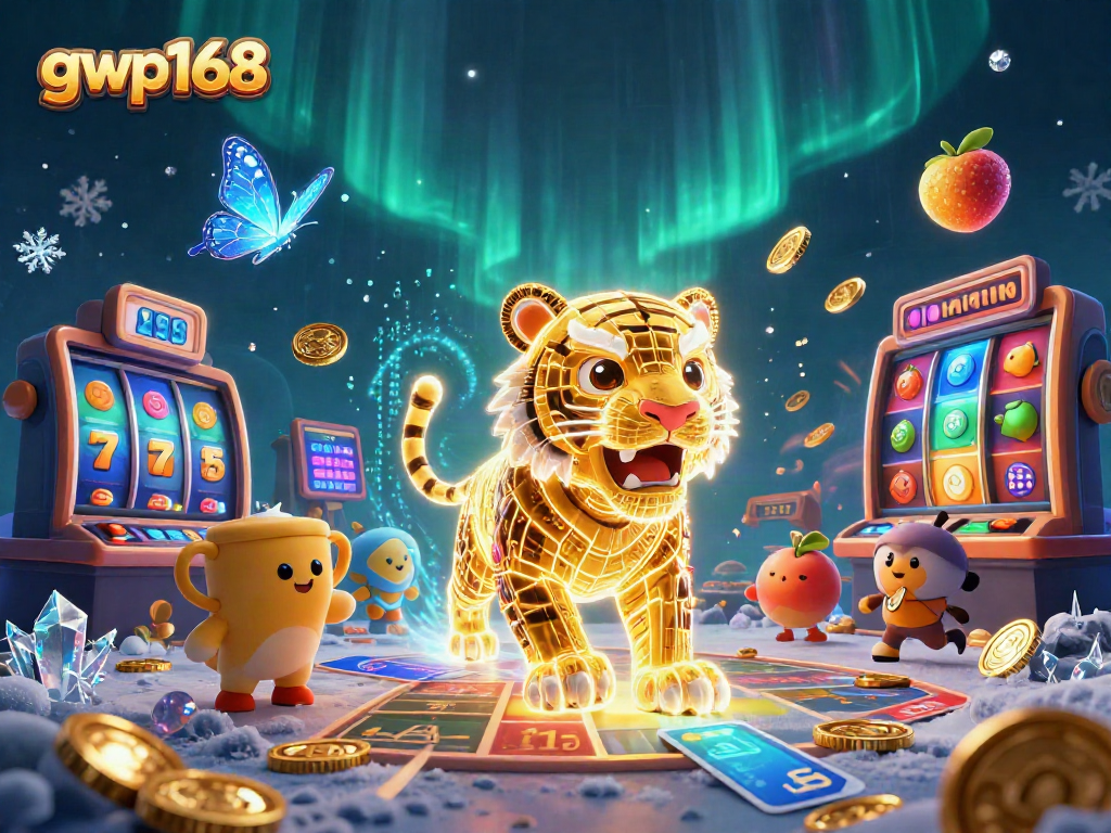 GWP168 menampilkan harimau emas bersinar di kasino digital lengkap dengan elemen slot dan simbol keberuntungan.